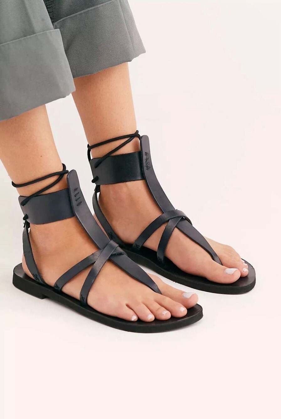 Free People Vacation Day Black Leather Wrap Gladiator Sandals